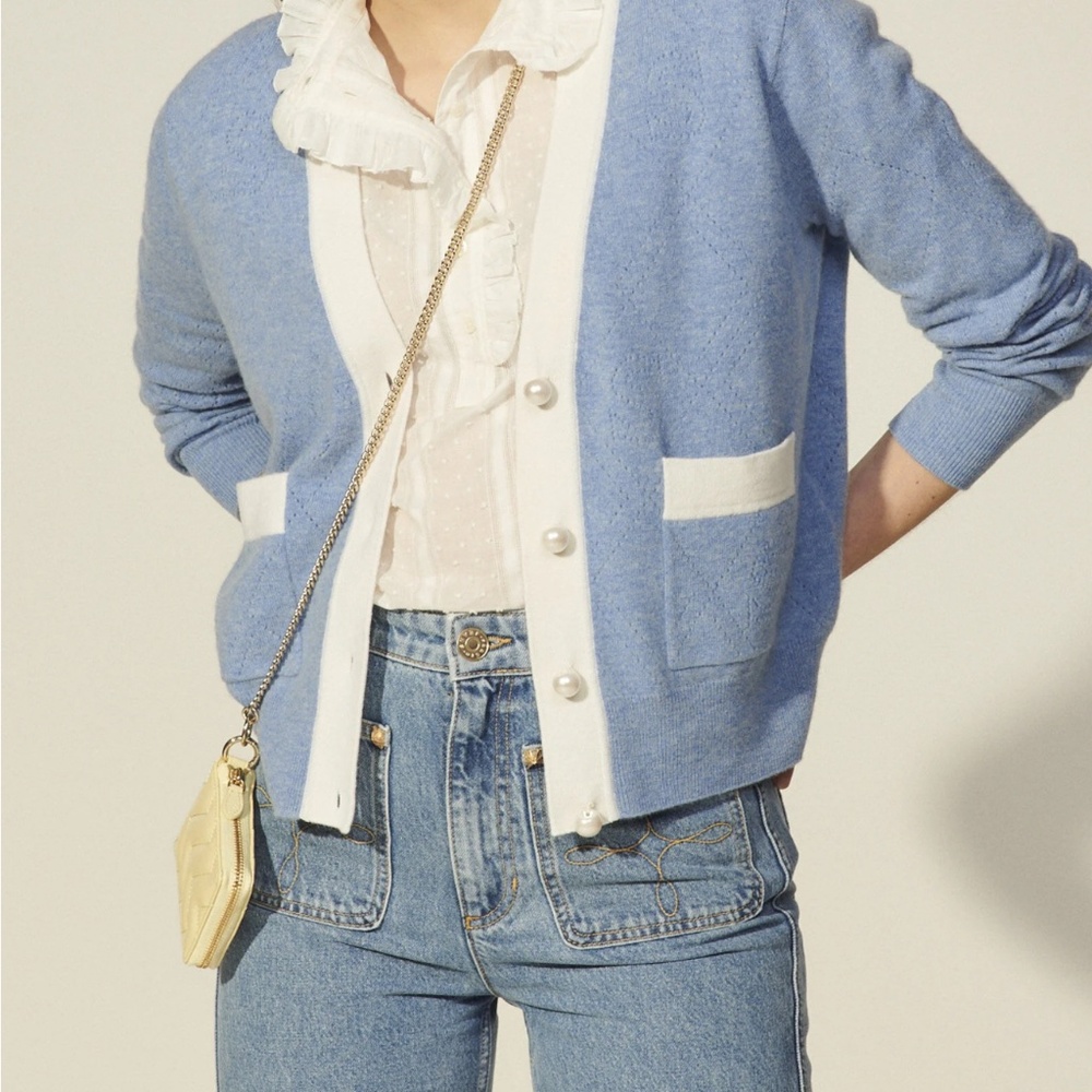 Sandro Wool Blend Pointelle Knit Cardigan